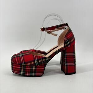 Wayderns Womens Size 8 Plaid Red Green Platform Block Heel